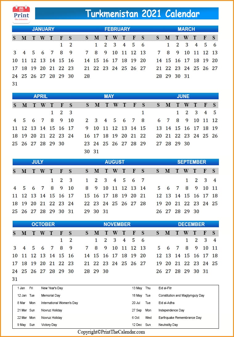 Turkmenistan Calendar 2021